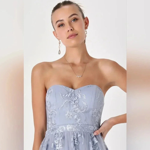 Lulu's Andria Slate Blue Embroidered Strapless Maxi Dress Wedding Party Guest - Picture 4 of 10